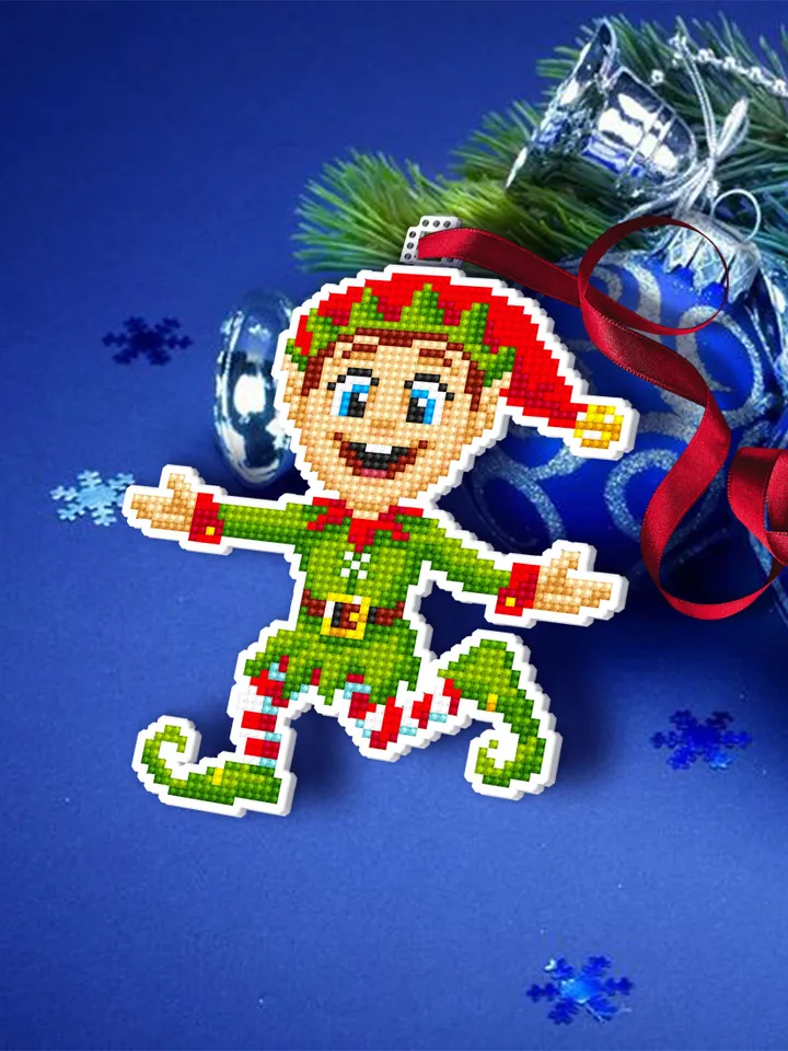 Christmas elf cross stitch pattern PDF download Double-sided Christmas tree decor for plastic canvas, Small Christmas ornament pattern #N123