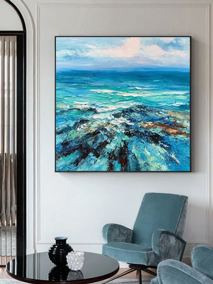Blue Mediterranean Sea Landscape Oil Painting on Canvas, Abstract Crystal-clear Ocean Acrylic Painting, Large Heavy Textured Wall Art Decor