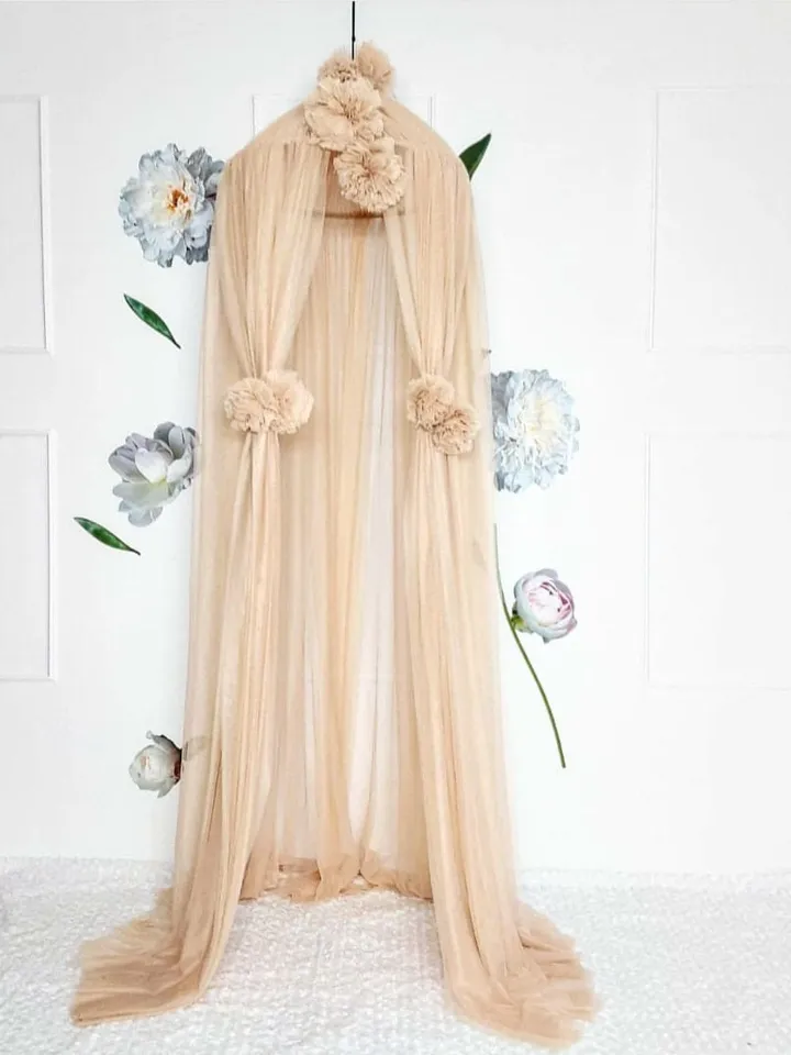 Bed tulle canopy for nursery / Kids hanging tent for bedroom / Princess playhouse / Pom Pom canopy Champagne