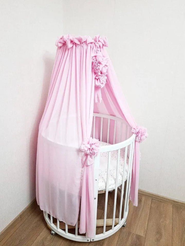 Bed tulle canopy for nursery, Kids hanging tent for bedroom, Princess playhouse, Pom Pom canopy, Pink baldachin, Baldachin plate