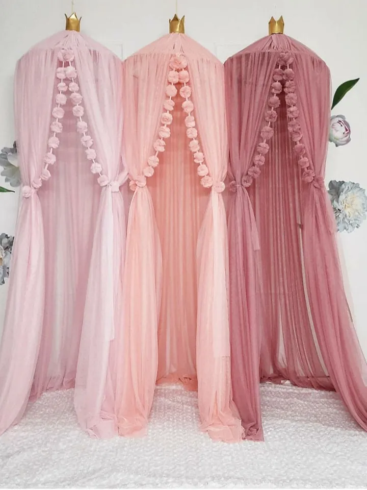 Bed tulle canopy for nursery / Kids hanging tent for bedroom / Princess playhouse / Pom Pom canopy Champagne