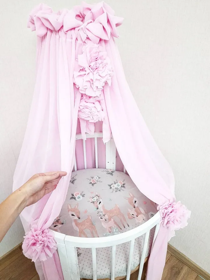 Bed tulle canopy for nursery, Kids hanging tent for bedroom, Princess playhouse, Pom Pom canopy, Pink baldachin, Baldachin plate