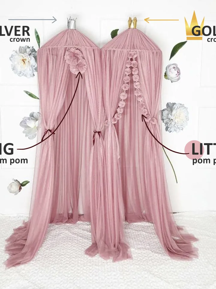 Bed tulle canopy for nursery / Kids hanging tent for bedroom / Princess playhouse / Pom Pom canopy Champagne