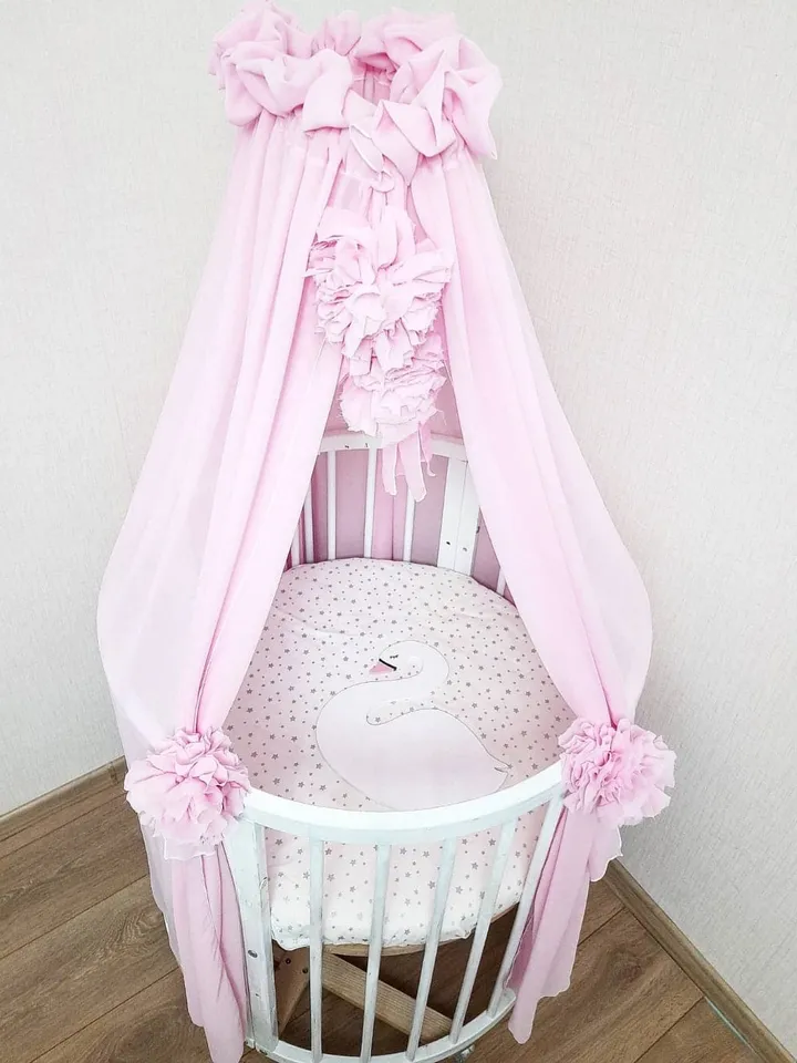 Bed tulle canopy for nursery, Kids hanging tent for bedroom, Princess playhouse, Pom Pom canopy, Pink baldachin, Baldachin plate
