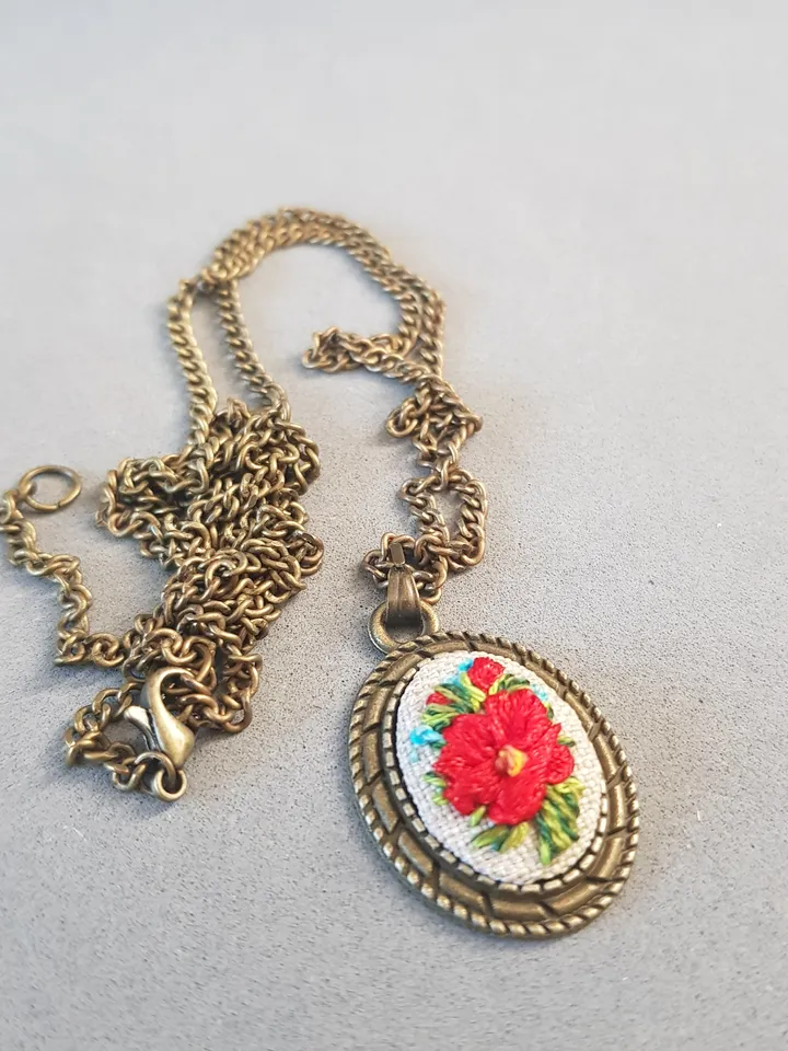 Ribbon embroidered pendant for her, red flower jewelry embroidery