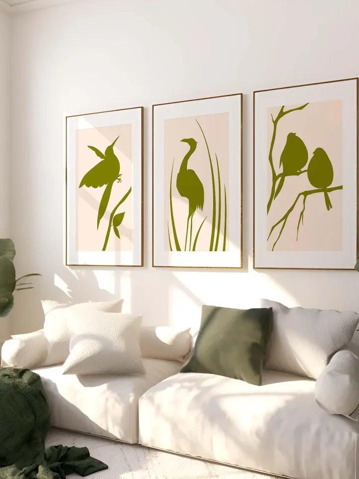 Minimalist Bird Wall Art Boho Bird Poster Abstract Nature Silhouettes Modern Olive Green Decor Scandinavian Style Contemporary Bird Digital