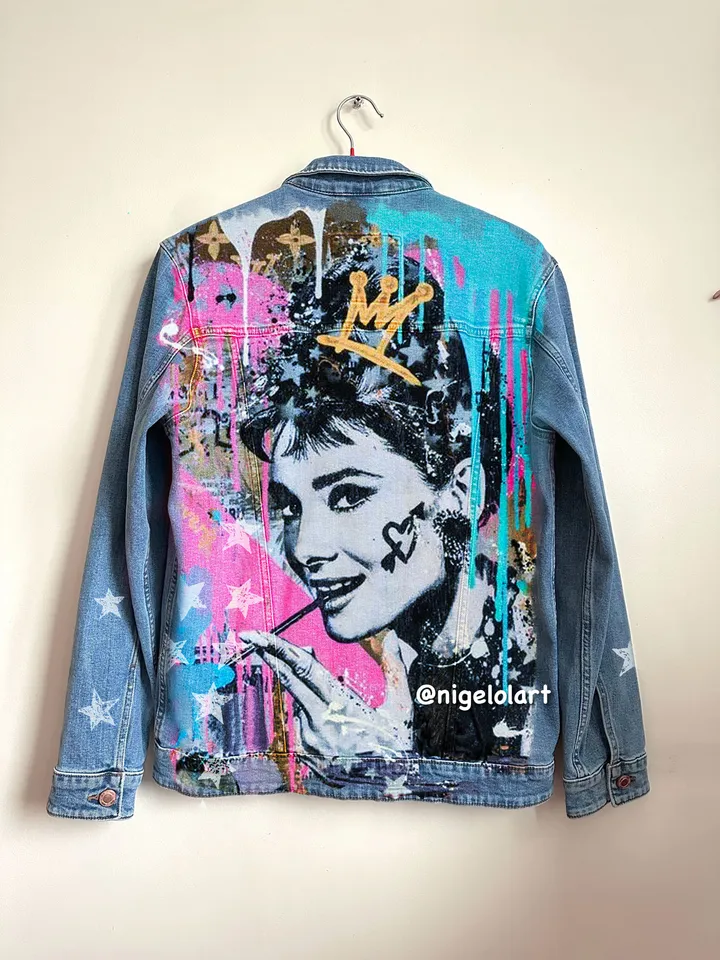 Breakfast at Tiffany's Painted denim jacket Custom gifts Jean jacket blue denim jacket Audrey Hepburn