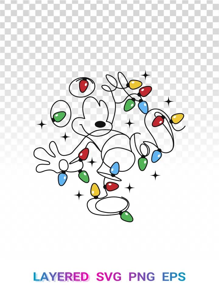 Mickey Mouse Christmas Lights SVG, Disney One Line Art PNG
