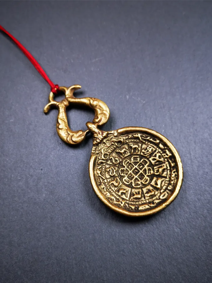 Gandhanra Vintage Tibetan Buddhist Calendar Badge,Melong Mirror, SIPAHO Amulet(srid pa ho),Jiugong Bagua,made of Brass,1.8&quot;