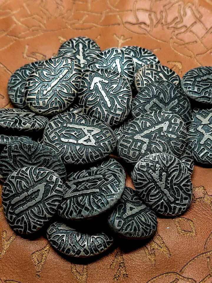 Celtic Scandinavian Stone Runes. Leather Bag. Elder Futhark. Viking Rituals. Aegishjalmur. The Helm of Awe Symbol.