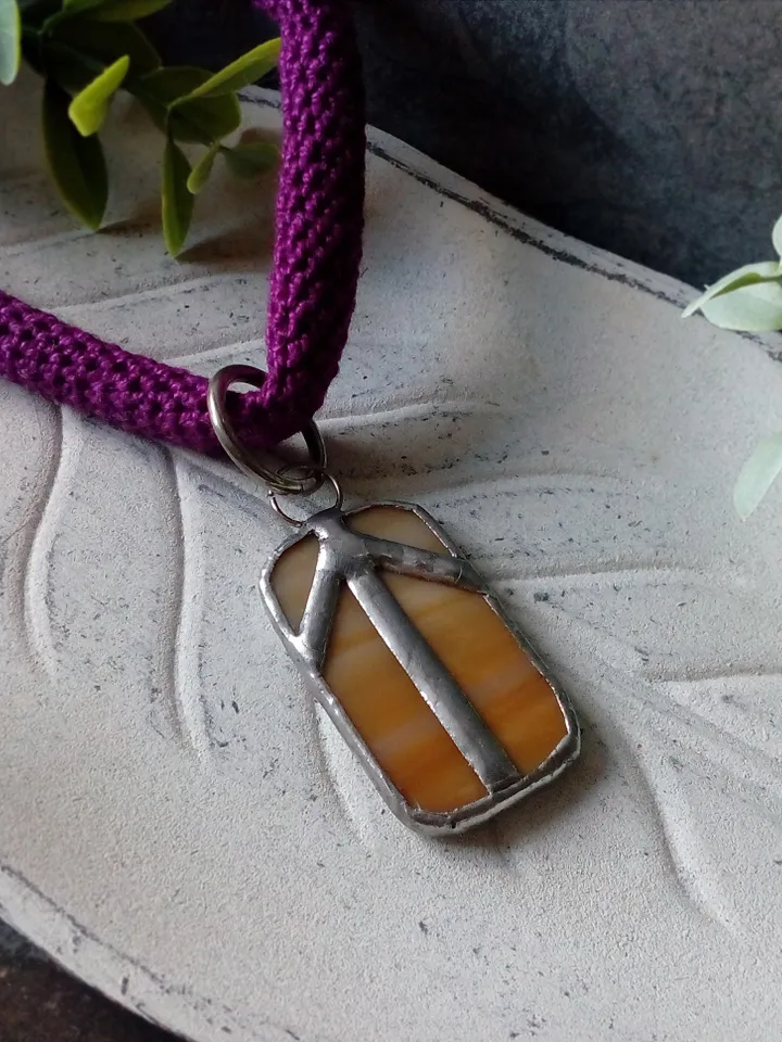 Runes futhark Beige stained glass pendant, tiwaz rune druid necklace, runic symbols Celtic amulet,