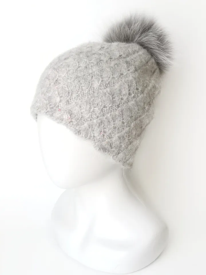 Hand-Knit Mohair Women's Hat in Light Grey with Pom Pom - Unique Winter Accessory. Cozy Handcrafted Women's Beanie. FREE SHIPPING!