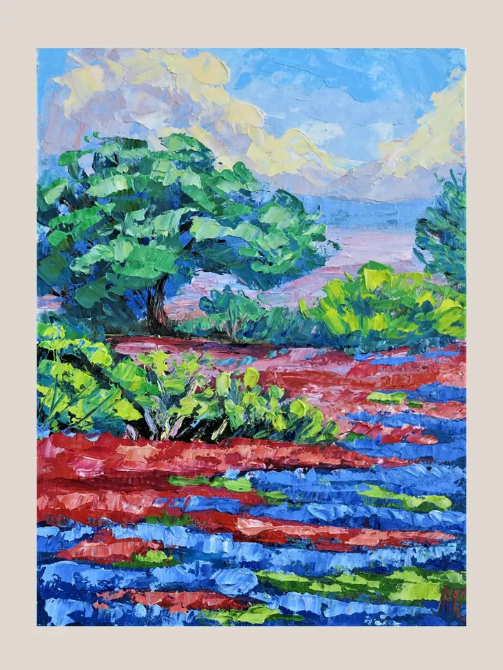 Original Mini Oil Painting Texas Landscape with Vibrant Blue and Red Flowers Artwork Colorful Texas Wildflowers in Scenic Landscape Home Decor