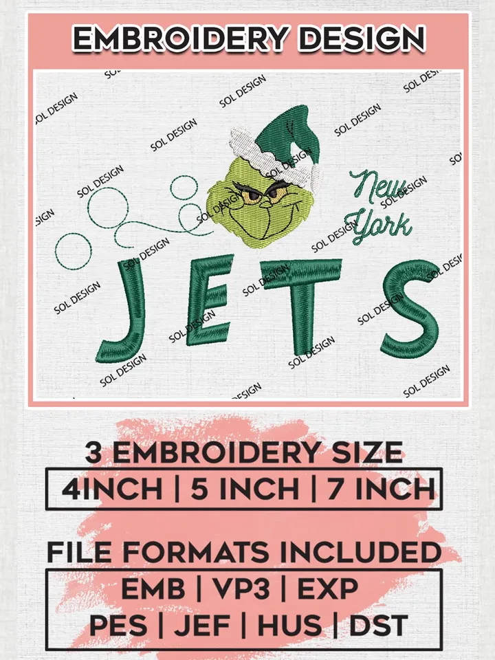 Christmas Grinch New York Jets Embroidery Designs, Grinch Embroidery Files, NFL Jets Machine Embroidery Designs, NFL New York Jets Logo, NFL Christmas Machine Embroidery Design, Digital Download