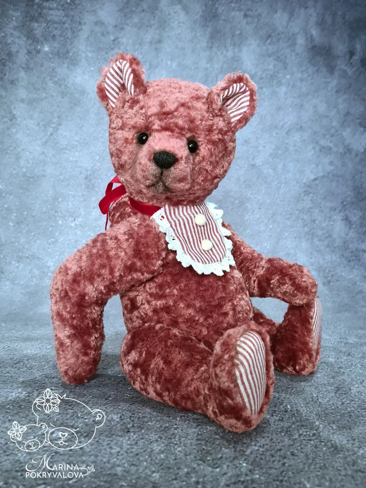 Handmade teddy bear. 34 cm plush bear toy. Dark pink teddy bear birthday gift.
