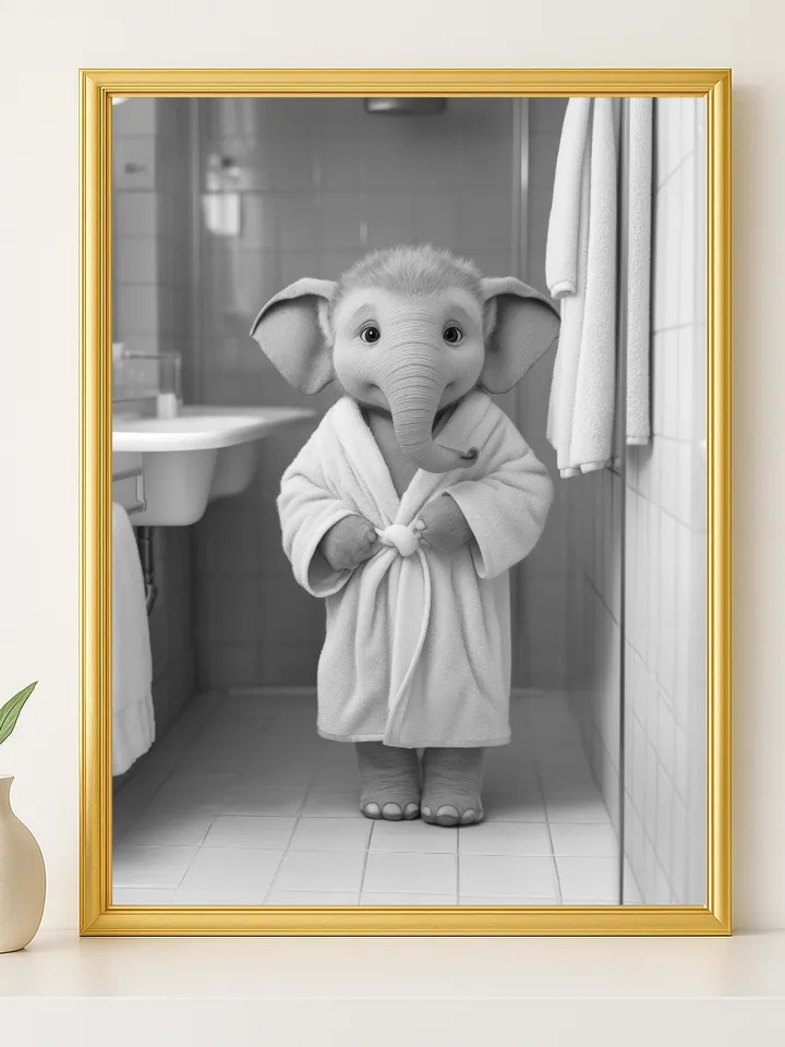 Cute Elephant Bathroom Wall Art, Baby Animal in Robe Print, Whimsical Spa Decor, Nursery or Bathroom Digital Download