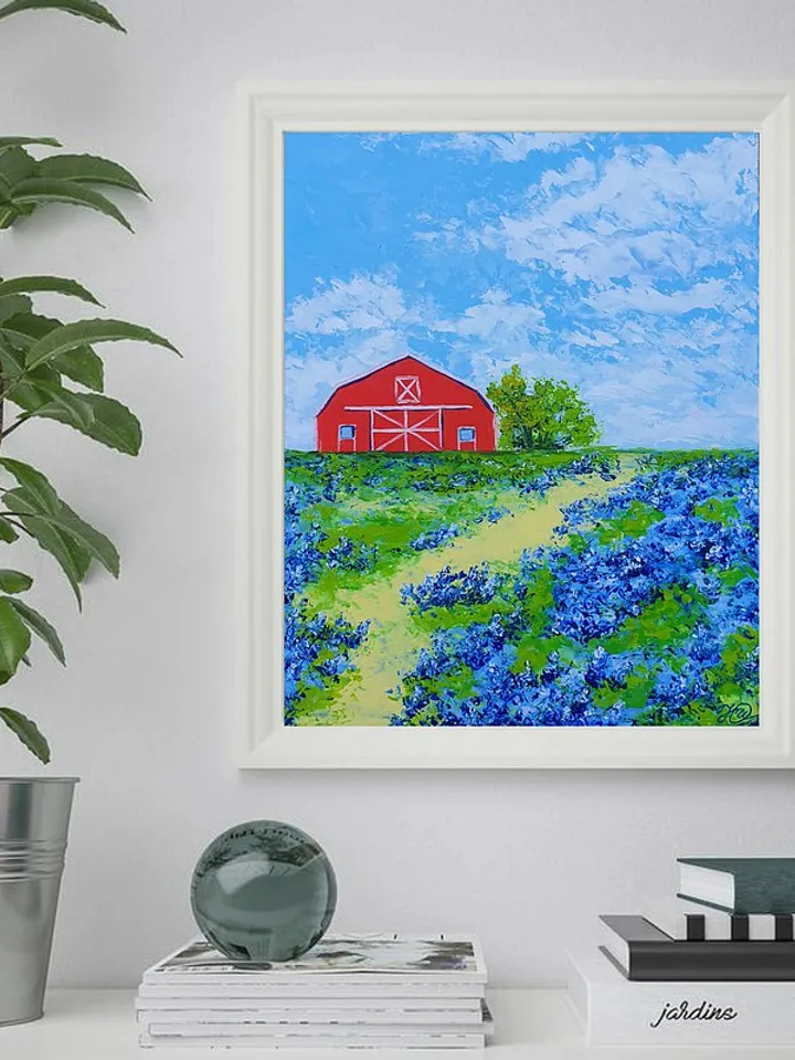 Red Barn Painting Bluebonnet Original Art Floral Wall Art Landscape Artwork
