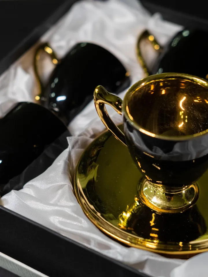 Black And Gold Porcelain Tea Cups and Saucers | Tea Cups Saucers Set | Porcelain Set | Elegant Teaware | Gift For Tea Lovers, Gift For Her