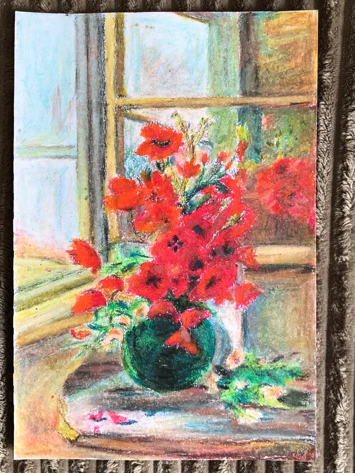 Bouquet of poppies wall art Original oil pastel painting 8x11 inch