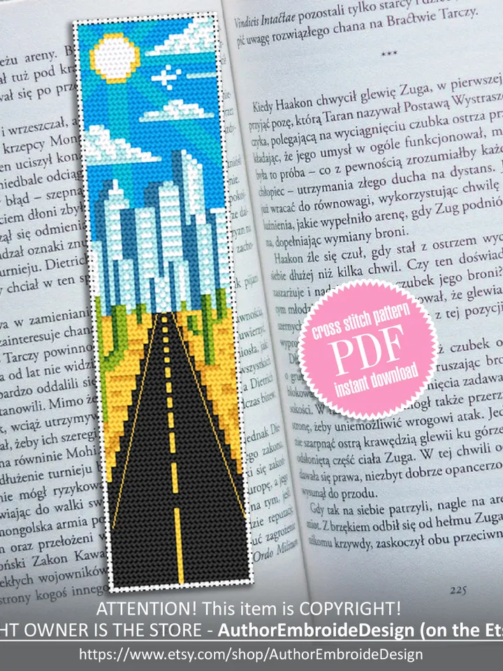 Bookmark cross stitch pattern download PDF Nature landscape cross stitch chart Modern handmade bookmark digital Road trip cross stitch #B67