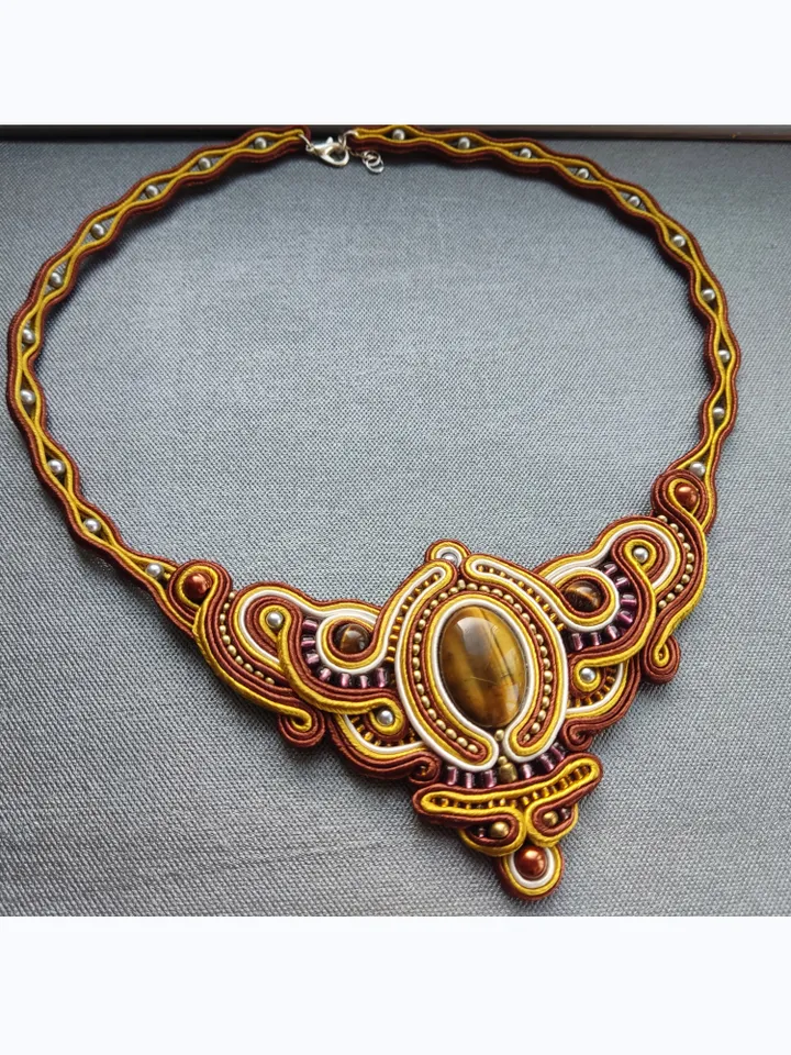 Tiger's eye necklace, Gold and brown statement necklace, Soutache necklace