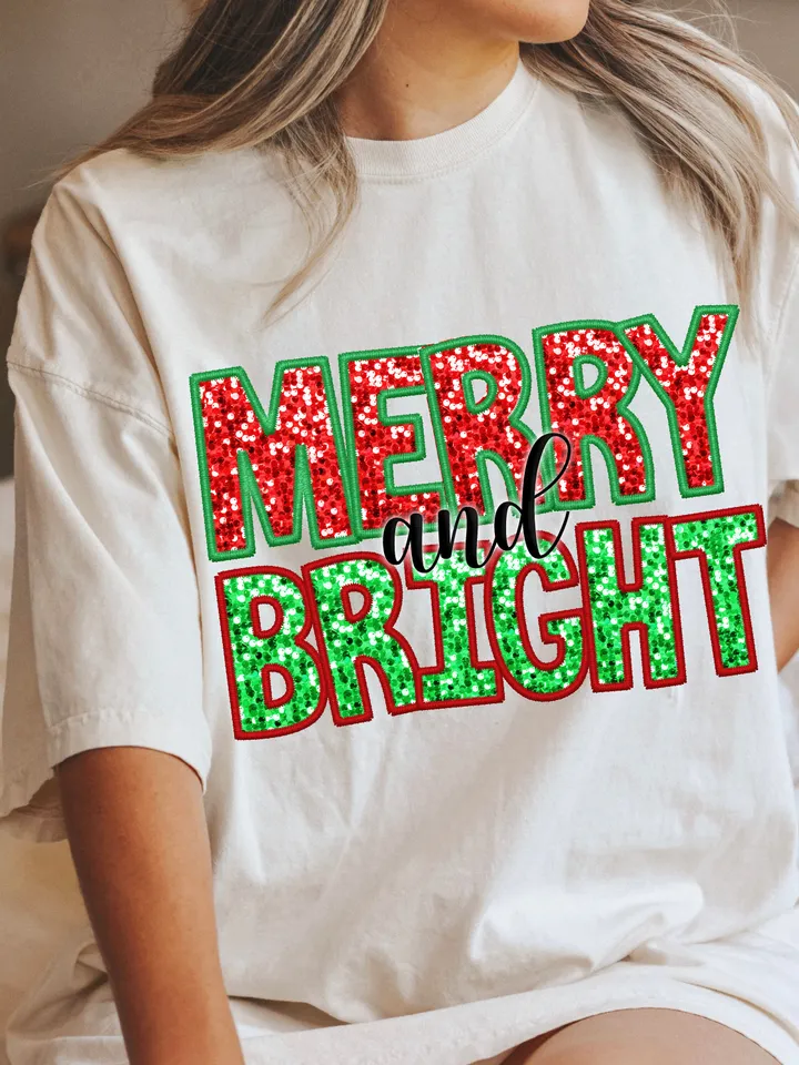 Merry And Bright Sequin PNG, Christmas Faux embroidery Red and Green sequins PNG, Glitter Sequin sparkle Xmas Sublimation Design