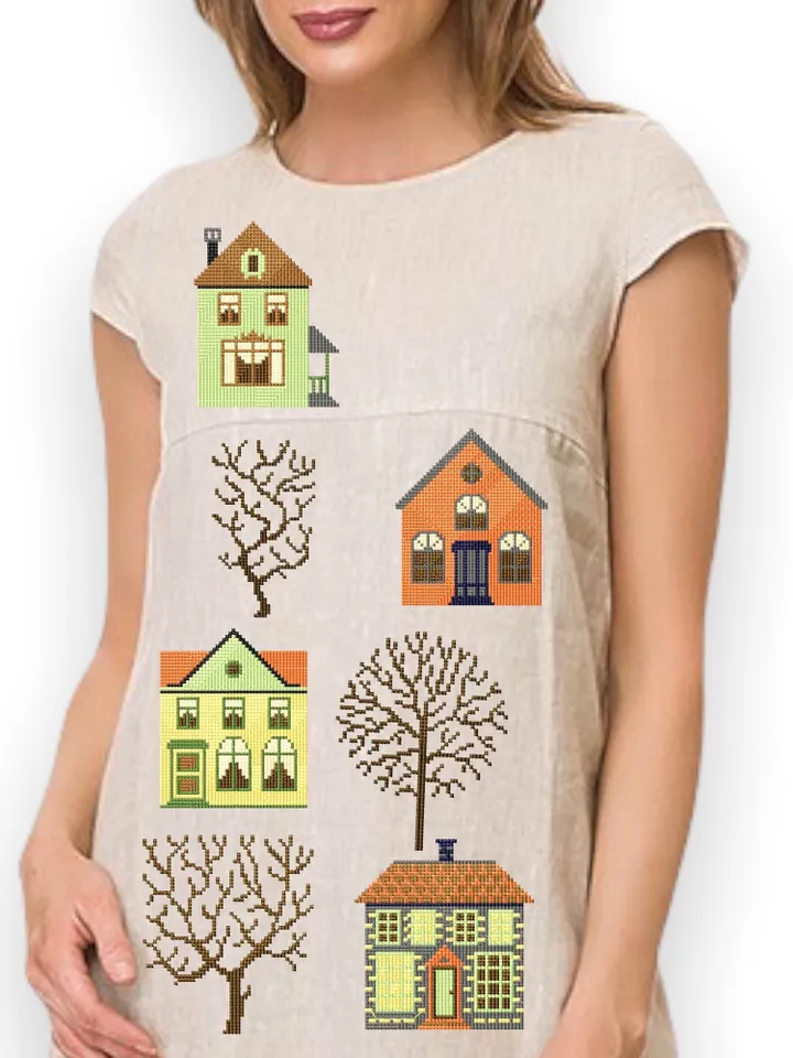 Сross-stitch constructor set machine embroidery design houses and trees digital embroidery patterns embroidery motif home and clothing decor