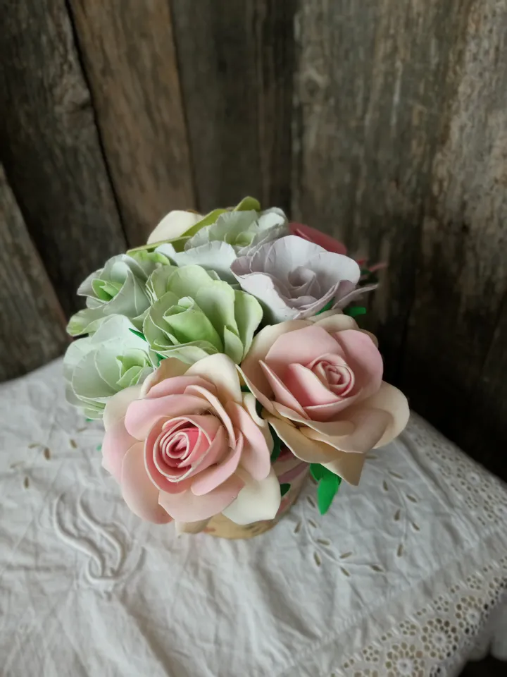 Handmade Foam Rose and Eustoma Bouquet in Paper Pot with Bow - 15 cm Height. Gift for her. Birthday present. Christmas gifts
Home decor indoor. Cozy decor