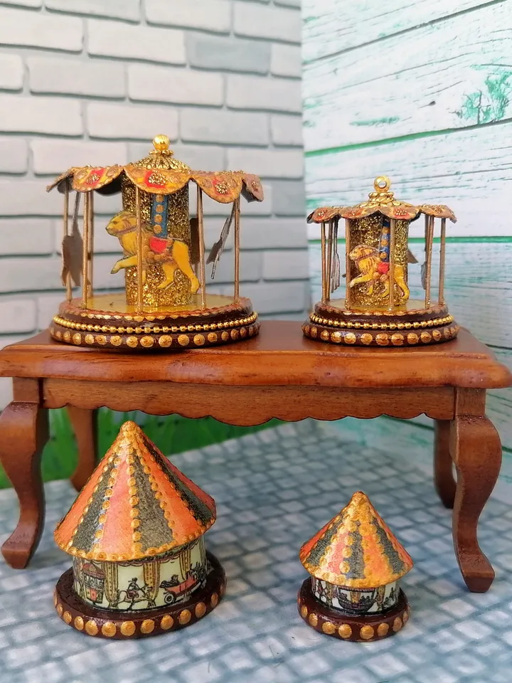 Miniature dollhouse carousel with gold trim. 1:12. Dollhouse miniature.