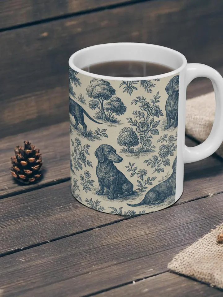 Dachshund French Toile de Jouy Ceramic Mug, Toile Coffee Cup for Doxie Mom, Sausage Dog Lover Gifts, Dog Tea Drinkware, Gift For Dog Lovers