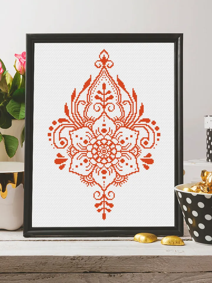 Flower cross stitch pattern download PDF, Monochrome mandala cross stitch chart, Modern beginner stitch, Floral ornament embroidery PDF #M55