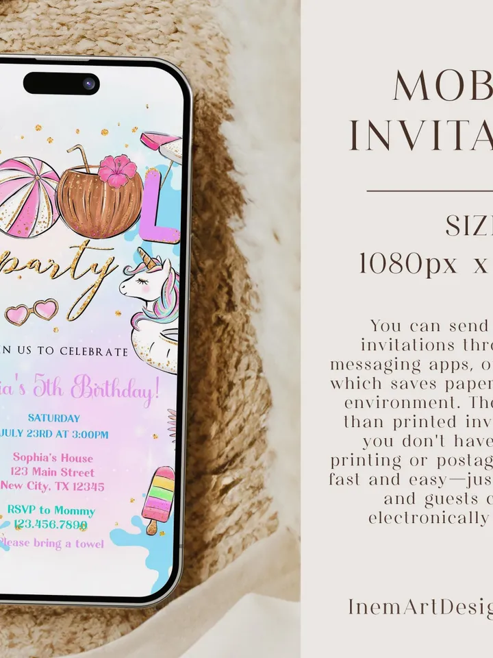 Pool Party Invitation Girl, Pool Party Unicorn Invitation Instant Download, Swimming Party Invite, Canva Editable Template