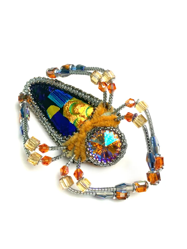 Orange spider brooch, Beaded insect brooch