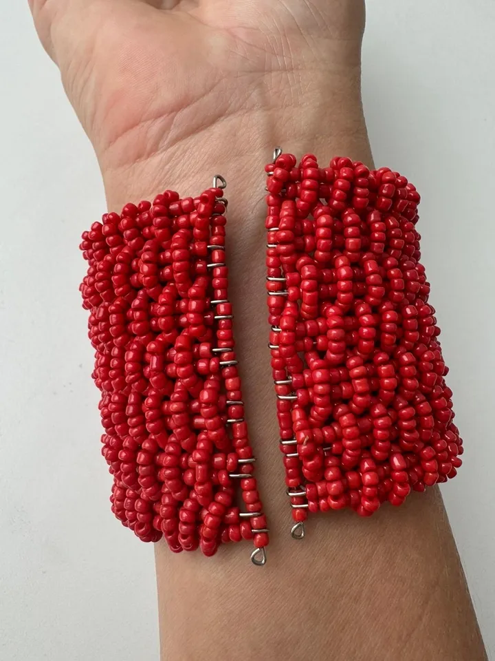Wide Beaded Handmade Women Bracelet | White Bracelet | Bead Bracelet | Red  Summer Bracelet | Chic Bracelet | Evening  Classy Bracelet