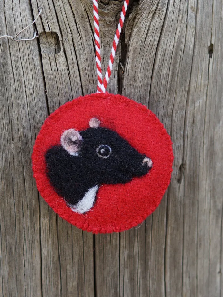 rat Christmas ornament, pet portrait, black and white rat, needle felted rat, made to order