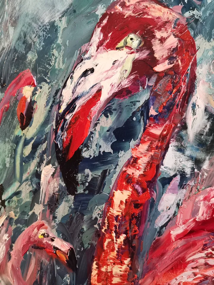 Flamingo Pink Birds Abstract Love Art Original Oil Painting Artist Svinar Oksana