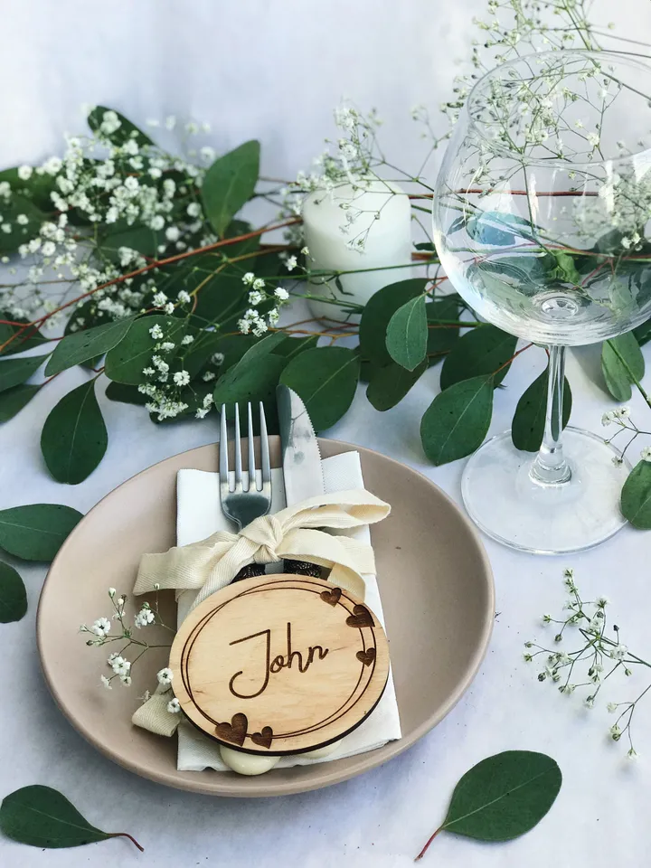 Custom Coasters Set, Wedding Guest Favor, Place Setting Cards, Wooden Engraved Coaster, Eco Wedding Table Decor