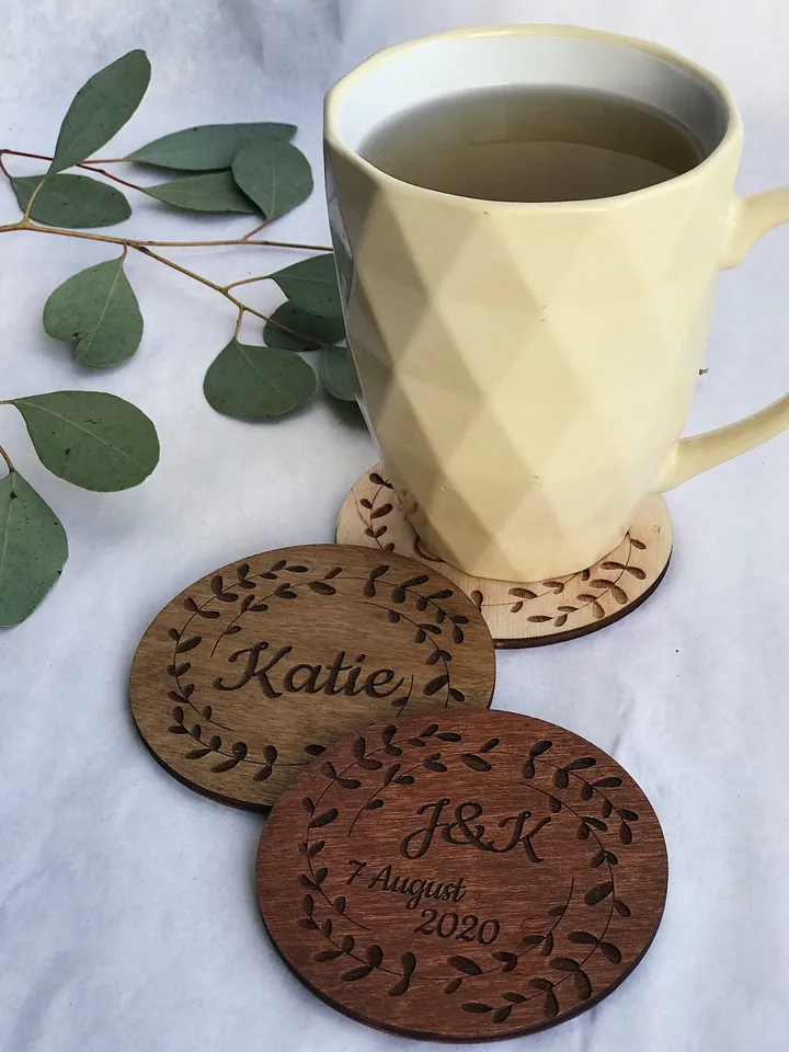 Custom Coasters Set, Wedding Guest Favor, Place Setting Cards, Wooden Engraved Coaster, Eco Wedding Table Decor