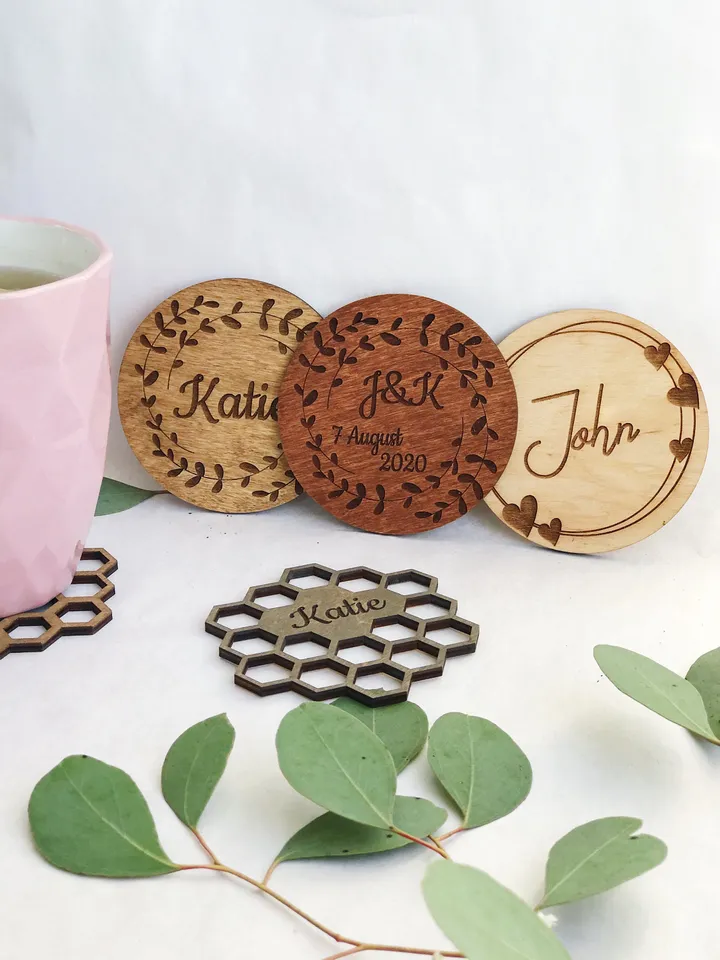 Custom Coasters Set, Wedding Guest Favor, Place Setting Cards, Wooden Engraved Coaster, Eco Wedding Table Decor