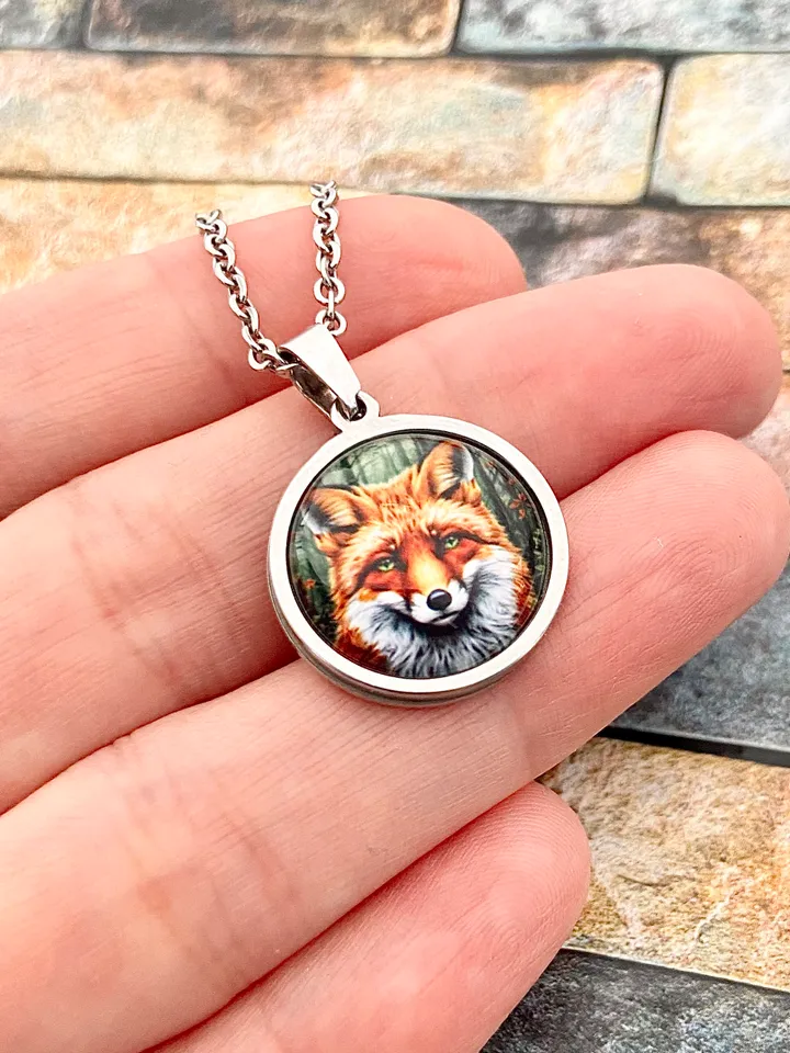 Fox head necklace, steel pendant with glass, Fox lover gift