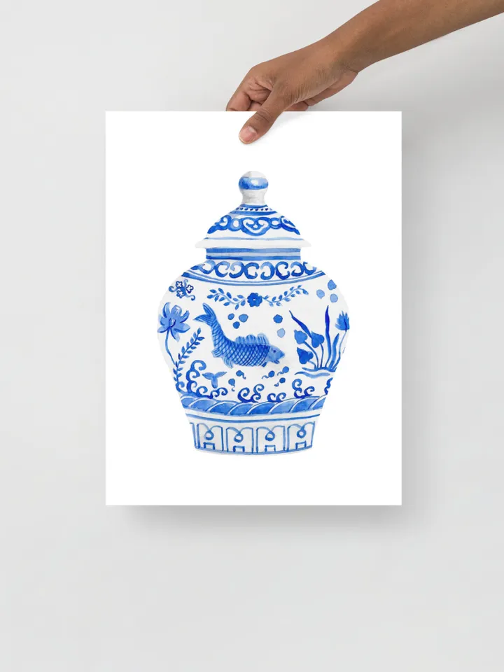 Chinoiserie Wall Art Set Of 3 Art Prints Watercolor Painting Blue White Porcelain Vintage Art Prints Chinese Jar Painting Porcelain Vase Art