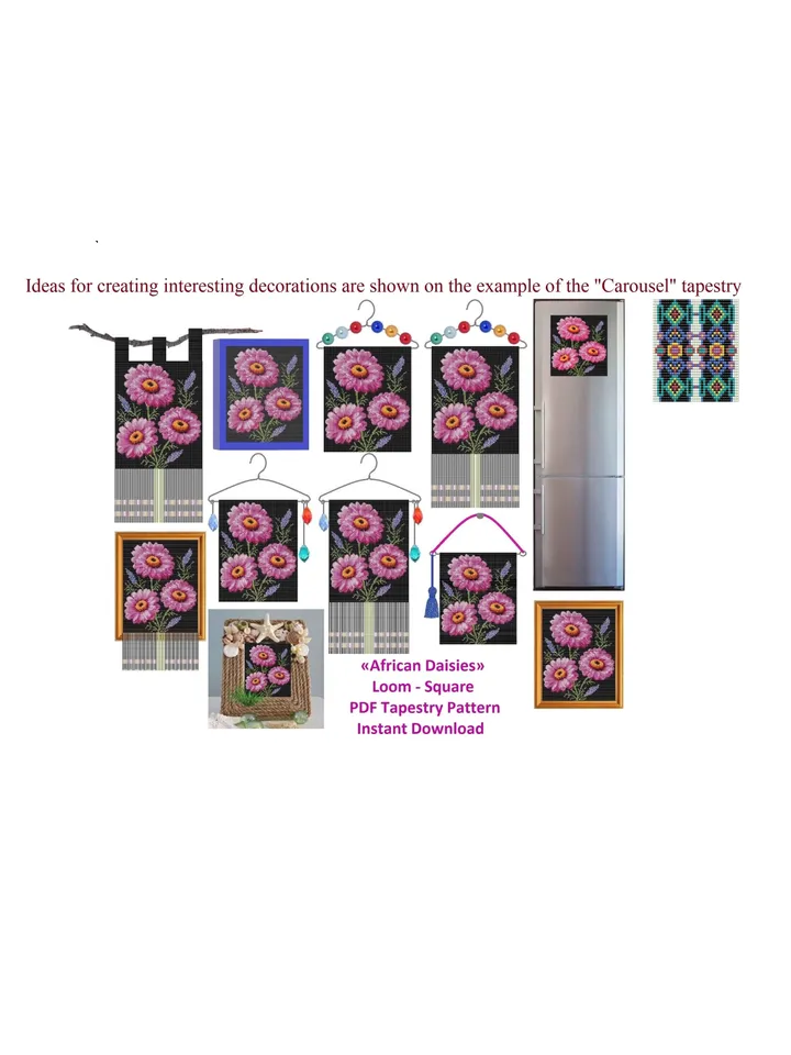 Loom-Square Stitch Beaded Tapestry, Banner, Postcard, «African Daisies» Pattern, PDF instant download