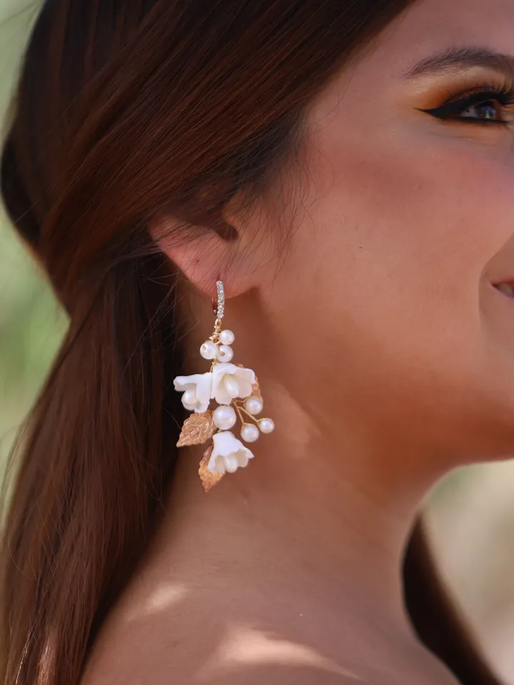 Boho Wedding Earrings For Bride, Porcelain Flower Long Bridal Earrings, Pearl Champagne Gold Statement Floral Earrings, Leaf Bridal Earrings