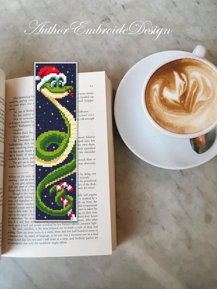 Christmas bookmark cross stitch pattern PDF download Cute snake cross stitch chart, Snake bookmark pattern digital PDF, Happy new year #B359