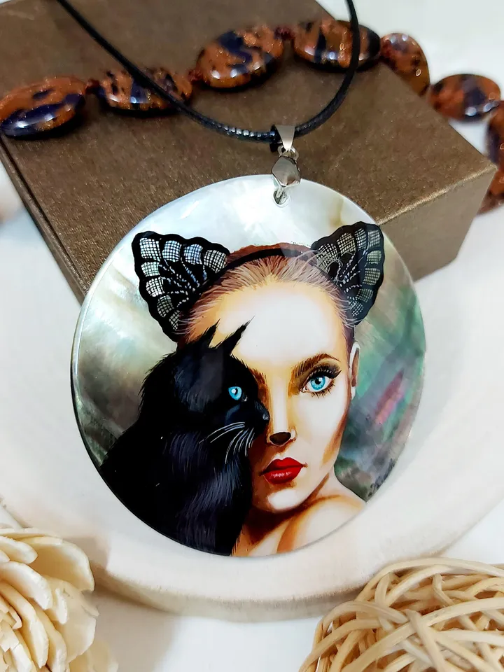 Mother-of-pearl Russian hand-painted necklace pendant "Сatwoman" Jewelry Russian jewelry magic of painting fine art jewelry Fedoskino
