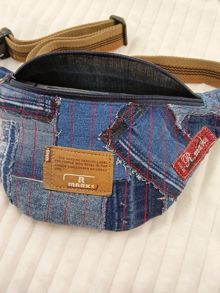 Small comfortable sling bag, handmade fanny pack, denim quilted belt bag of unusual design.
