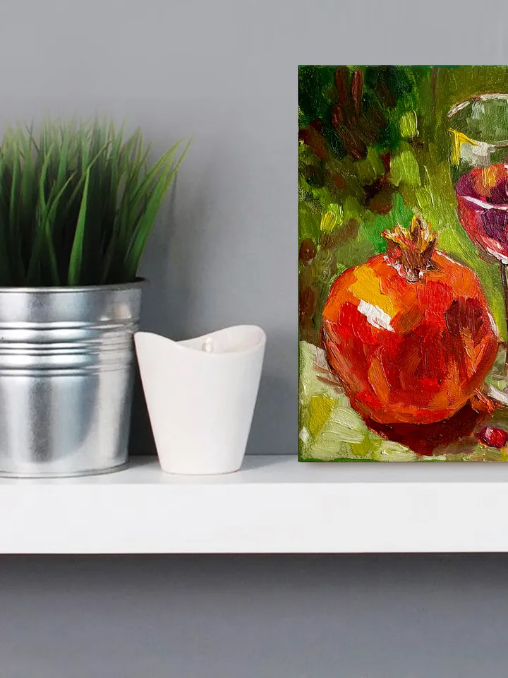 Pomegranate fruit painting Original, Wine Glass Still Life Painting, Small modern art 8" x 6"