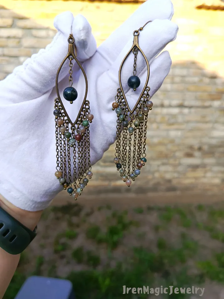 Long Boho Earrings with Indian Agate