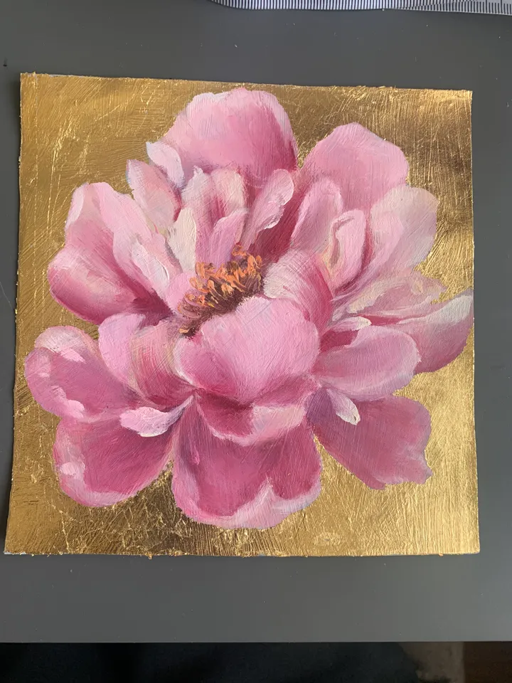 peony on gold leaf original art oil painting on gold