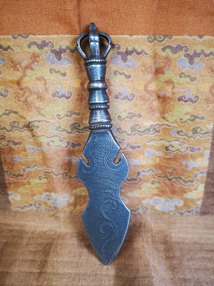 Gandhanra Tibetan Amulet Kila Dagger (Dorje Phurba),Dharma Ritual,Altar Tool,Made of Cold Iron inlaid with Copper
